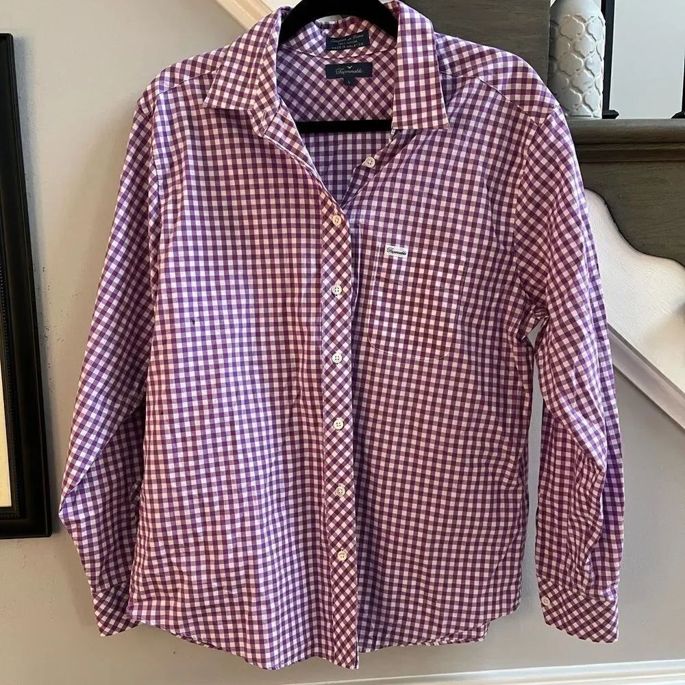 Faconnable Purple Gingham Button Down Shirt sz L EUC